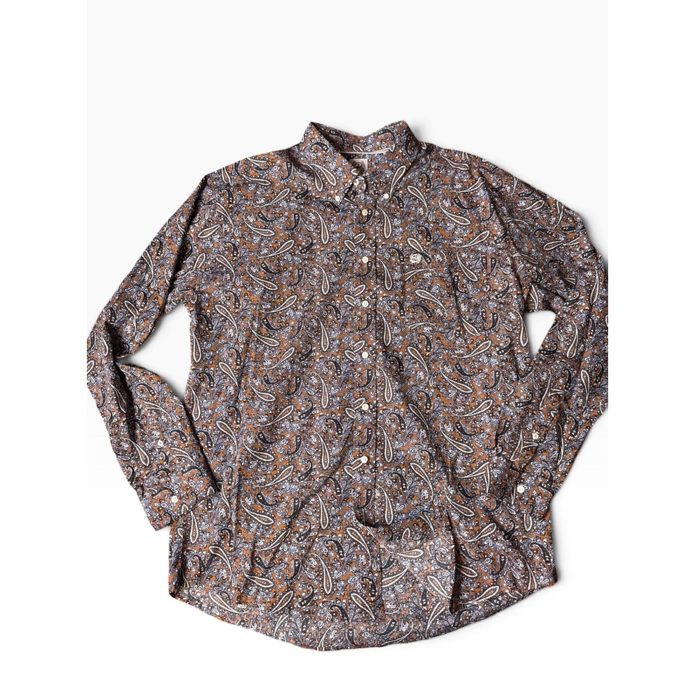Cinch Mens Large Long Sleeve Button Down Shirt Orange Brown Paisley Western